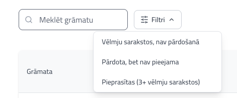 Filtri atskaitei "Grāmatu analītika"